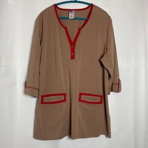 City Hearts Womens 2X Tan Red‎ Trim 3/4 Sleeve Button Tunic Top Plus Lagenlook